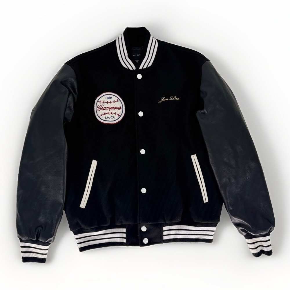 PacSun Varsity Jacket Small Black Faux Leather Cherry 8 Ball Bomber Coat S - Picture 2 of 10
